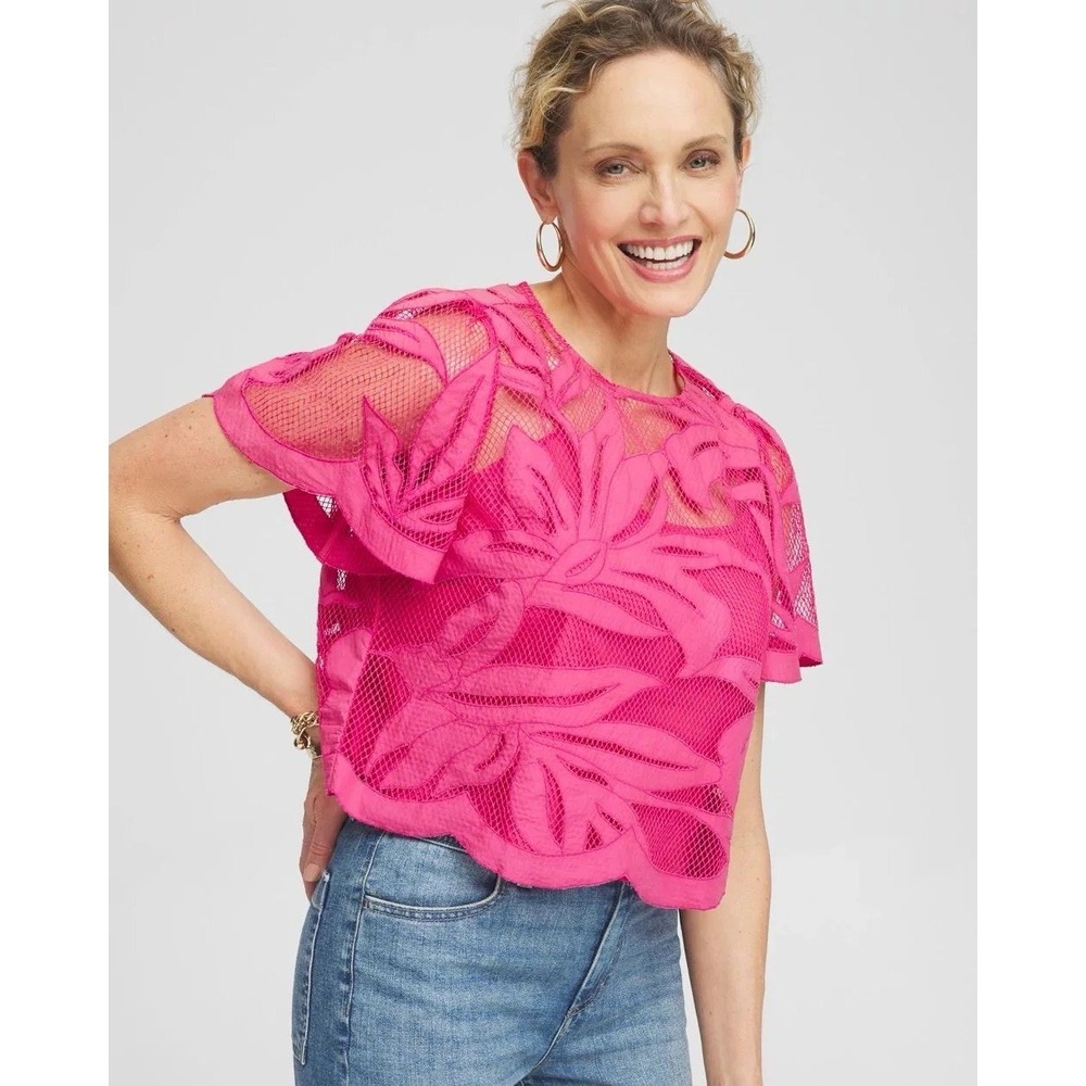 Chicos Applique Cut Work Top Size 0.5 / Small 6 Pink Eyelet Scallop Hem Open NEW